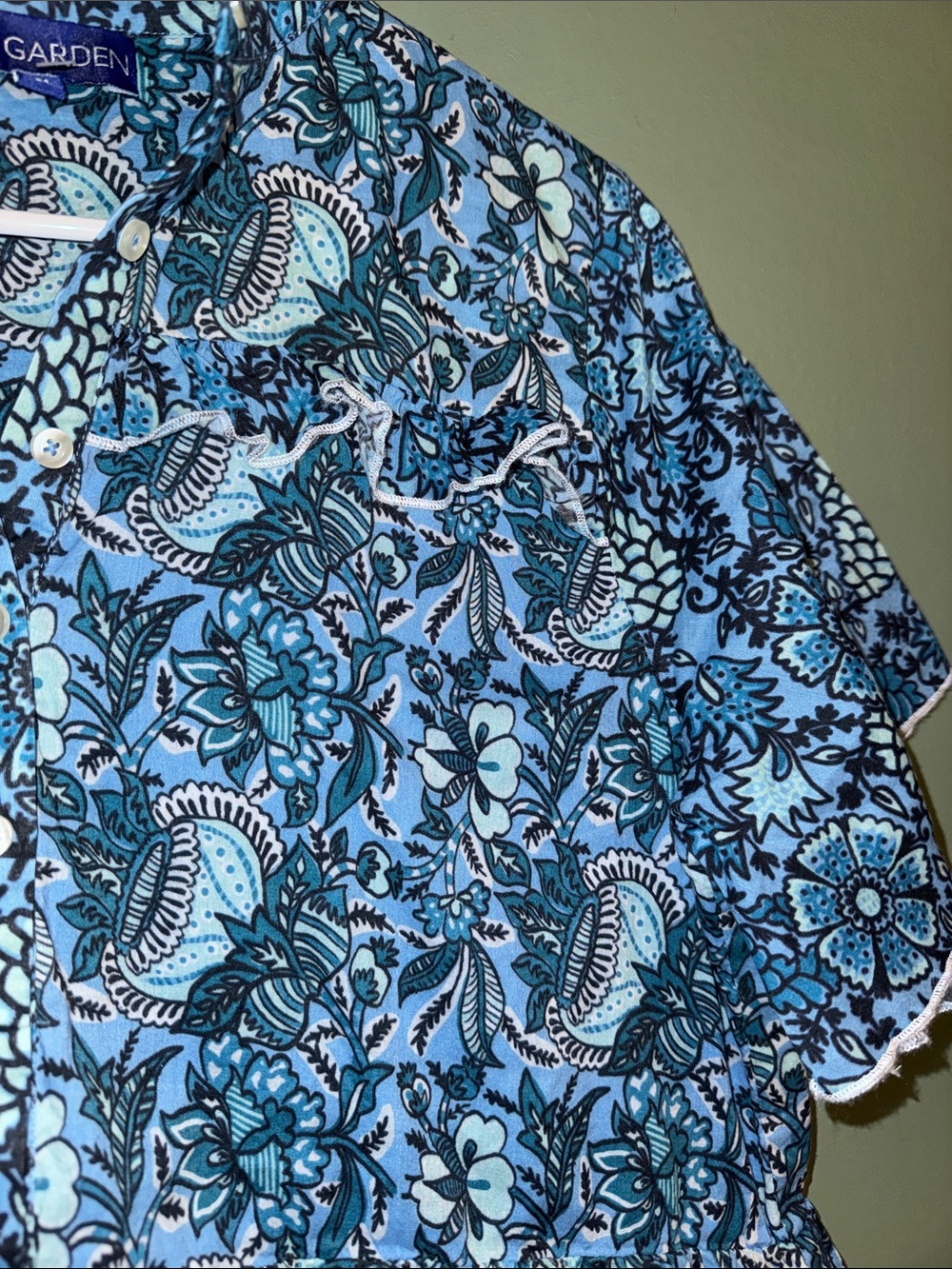Ro’s Garden 100% Cotton Blue Block Print Short Sleeve Flutter Dress Medium - Picture 5 of 8